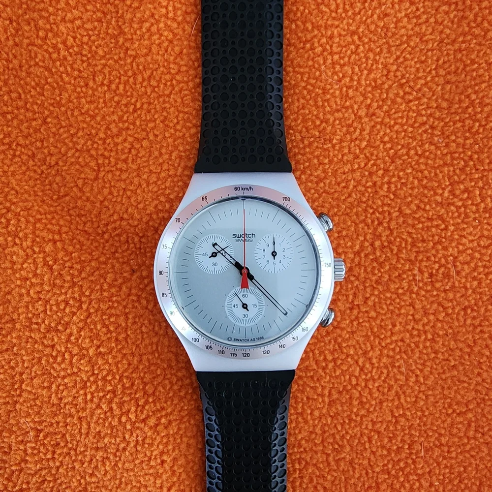 Swatch Silver Chronograph Watch with Black Strap